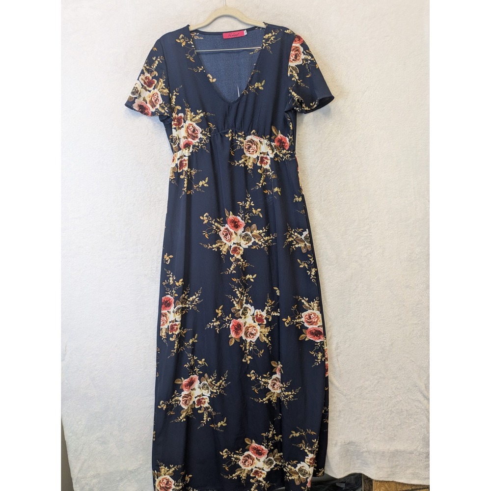 Ruiyige Women's‎ Size L Navy Blue Floral Maxi Dress V-Neck Empire Waist